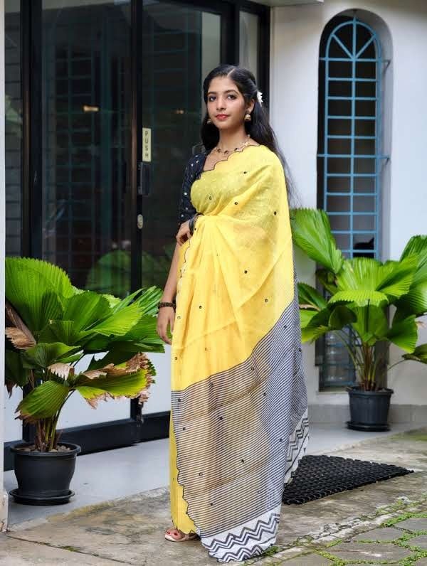 Sunshine Yellow Cotton Blend Saree with Black & White Designer Border