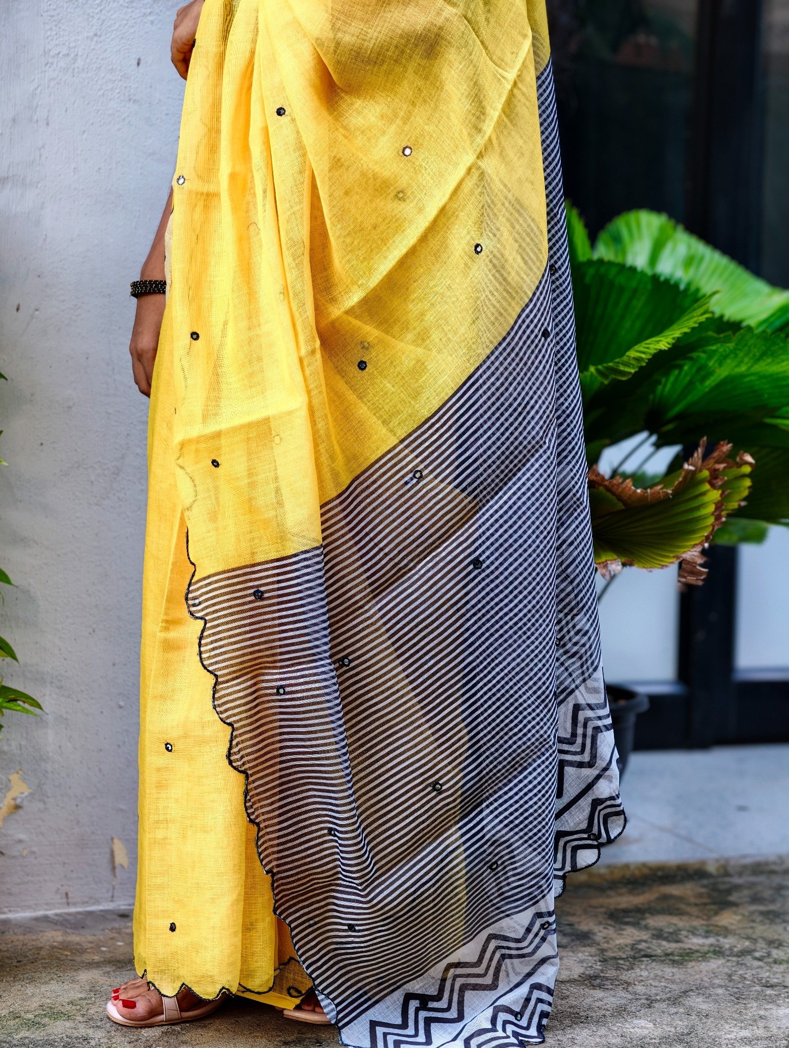 Sunshine Yellow Cotton Blend Saree with Black & White Designer Border