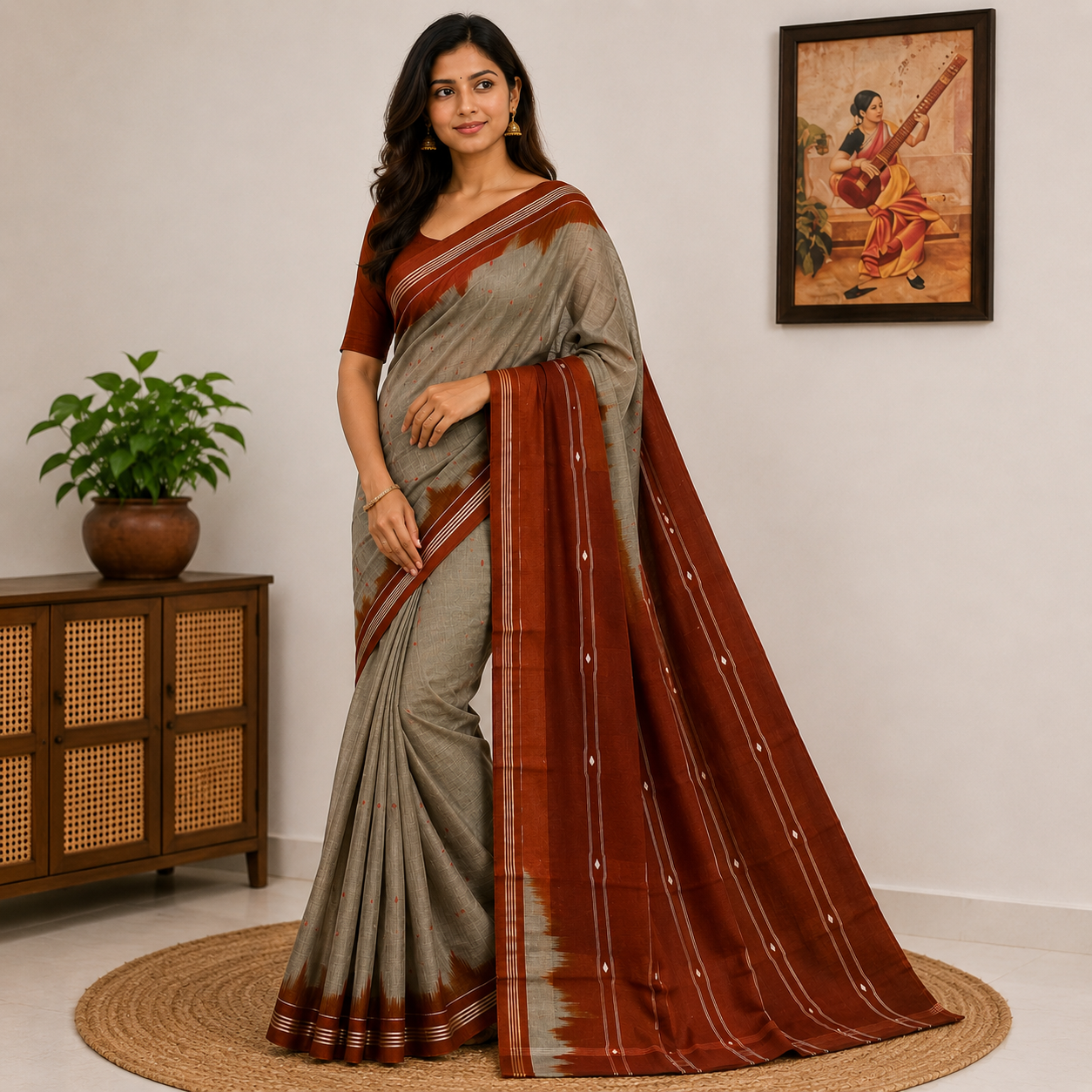 Rust Grey Heritage Handloom Saree
