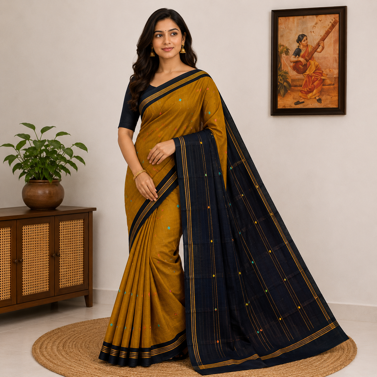 Midnight Mustard Elegance Saree